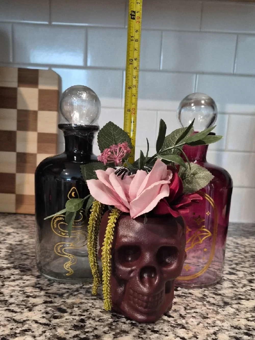 Burgundy Skull Planter with 2 Glass Jars Set Halloween